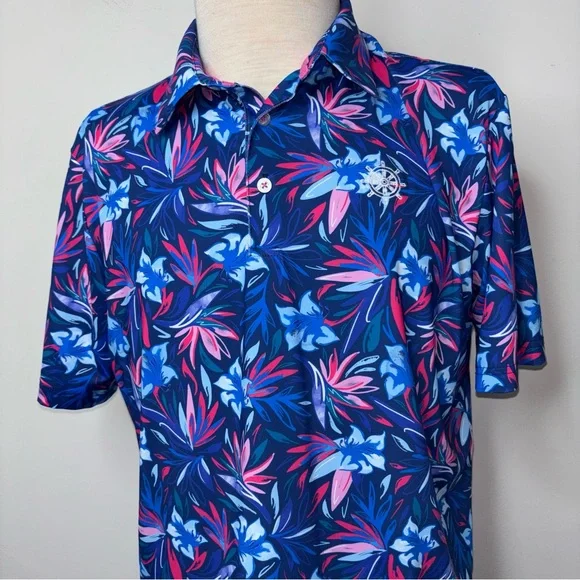 Scales Polo Shirt Mens M Blue Pink Floral Performance Stretch Golf Activewear - Picture 3 of 12